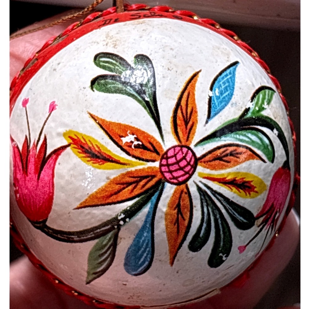 VTG Christmas Ornament Floral DeSela Hand Painted Papier Mache Folk Art Mexico